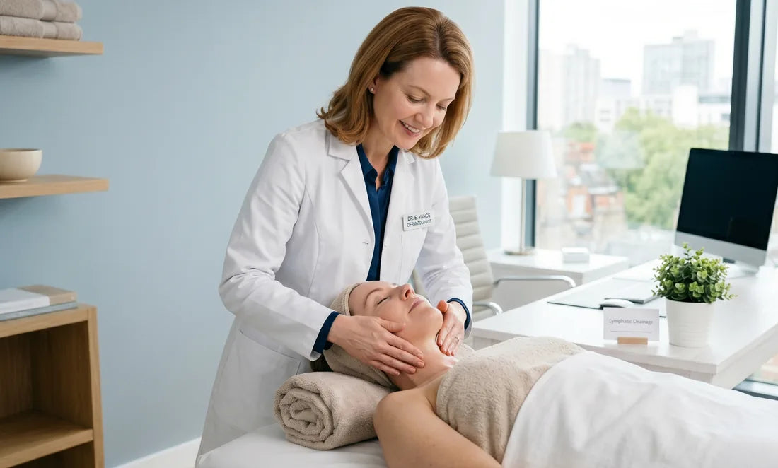 Dr. Erin Vance performing a lymphatic drainage eye treatment on a patient in her clinic